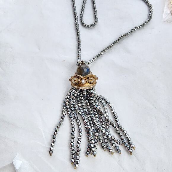 Bohemian neckline long tassel beaded Labradorite crystal gray silver coastal - Picture 2 of 7
